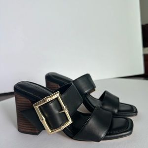 White House, Black Market Bamboo Buckle Mid-Heel Sandal, Black, size 6